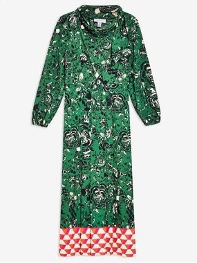 Topshop Green Floral Long Sleeve Midi Dress Size 0